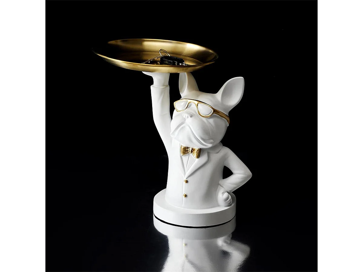 Vide-Poche Bulldog Blanc et Or Plateau en L'air - MANIA
