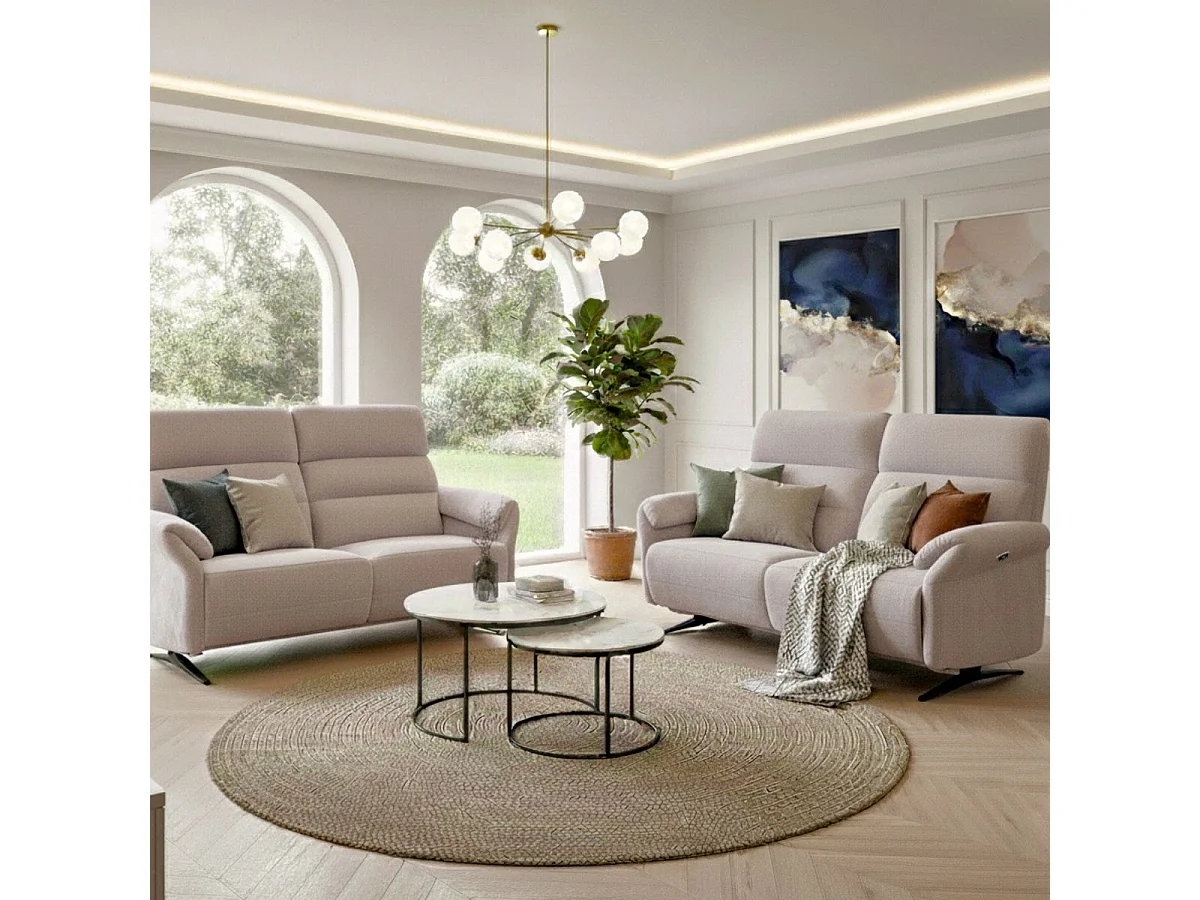 Ensemble canapé relax électrique 3 places + canapé fixe 2 places tissu maillé beige - LAMA