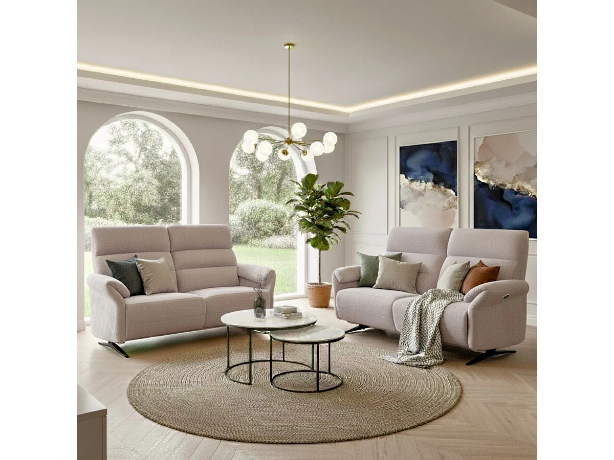 Ensemble canapé relax électrique 3 places + canapé fixe 2 places tissu maillé beige - LAMA