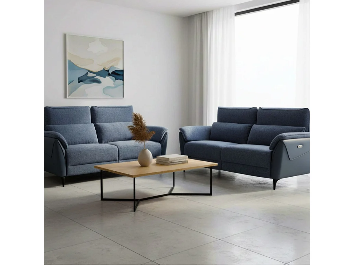 Ensemble canapé relax électrique 3 places + canapé fixe 2 places bi-matière bleu - CELESTE