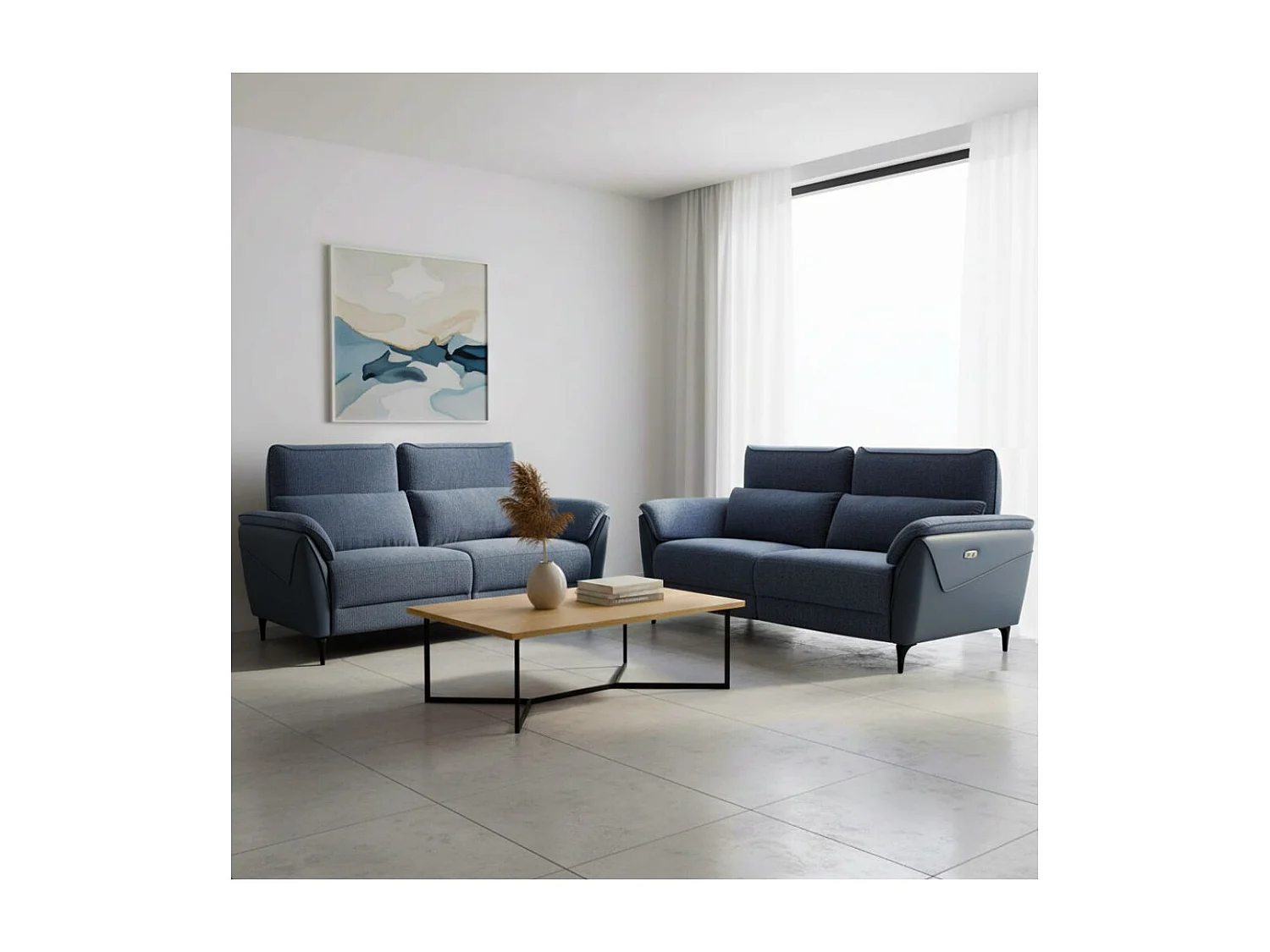 Ensemble canapé relax électrique 3 places + canapé fixe 2 places bi-matière bleu - CELESTE