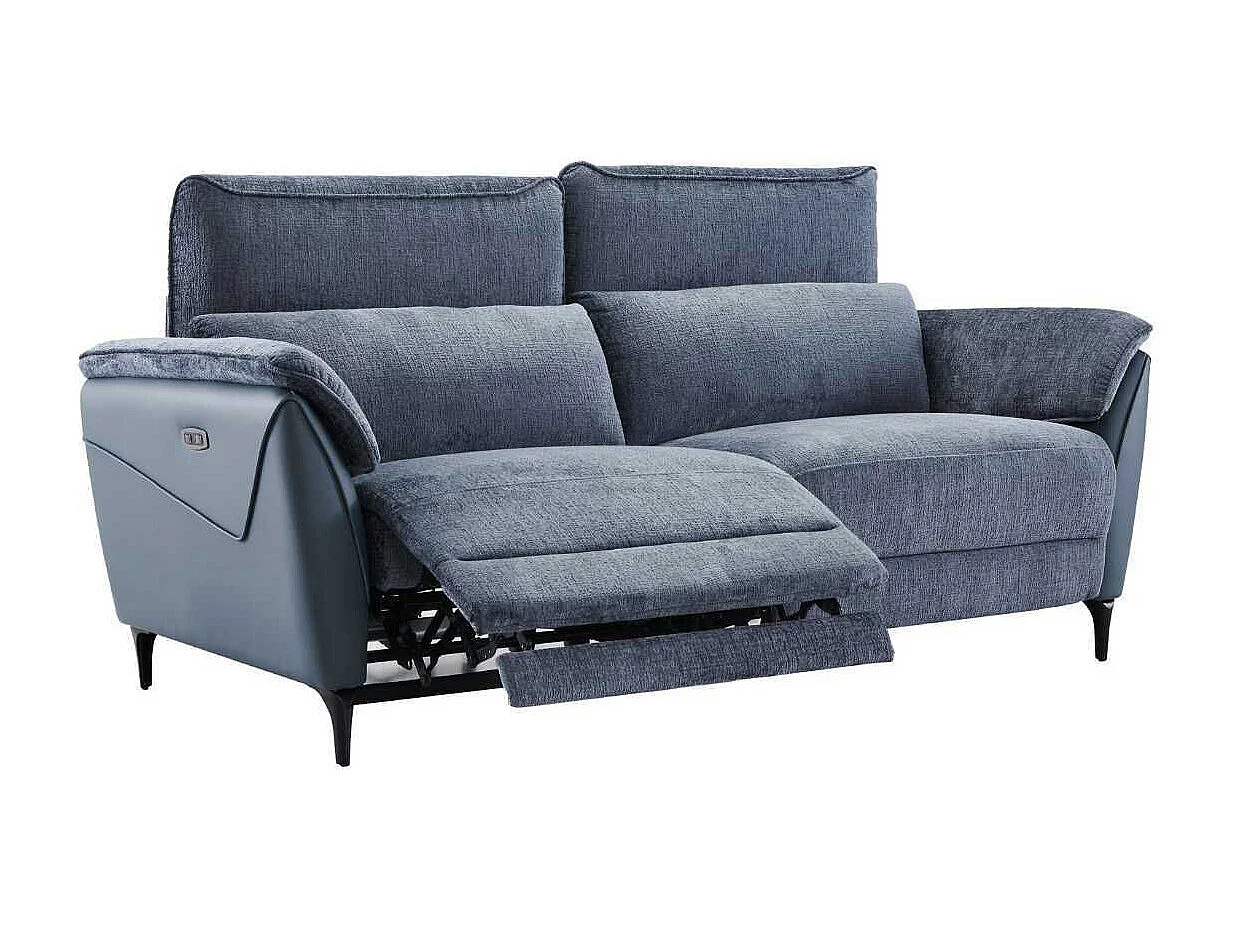 Ensemble canapé relax électrique 3 places + canapé fixe 2 places bi-matière bleu - CELESTE