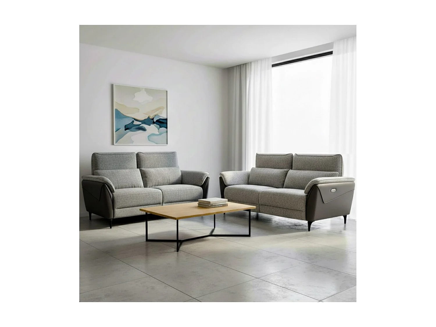 Ensemble canapé relax électrique 3 places + canapé fixe 2 places bi-matière gris - CELESTE