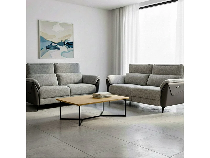 Ensemble canapé relax électrique 3 places + canapé fixe 2 places bi-matière gris - CELESTE