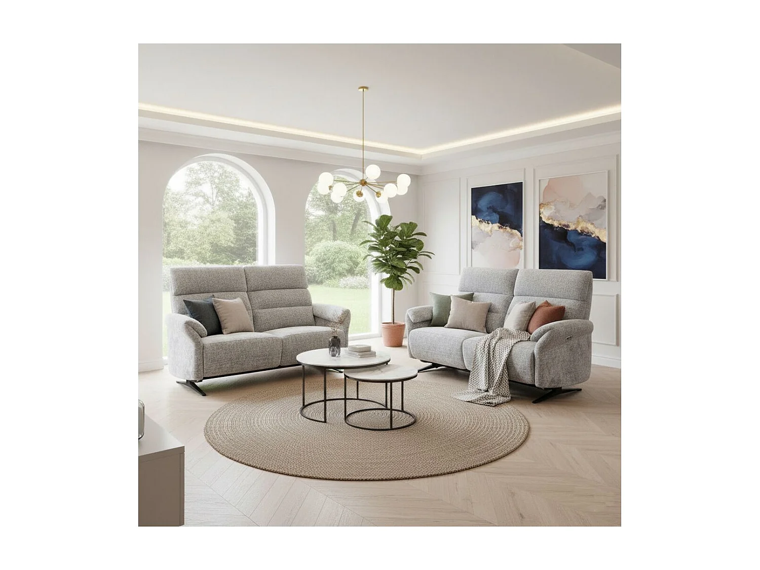 Ensemble canapé relax électrique 3 places + canapé fixe 2 places tissu maillé gris - LAMA