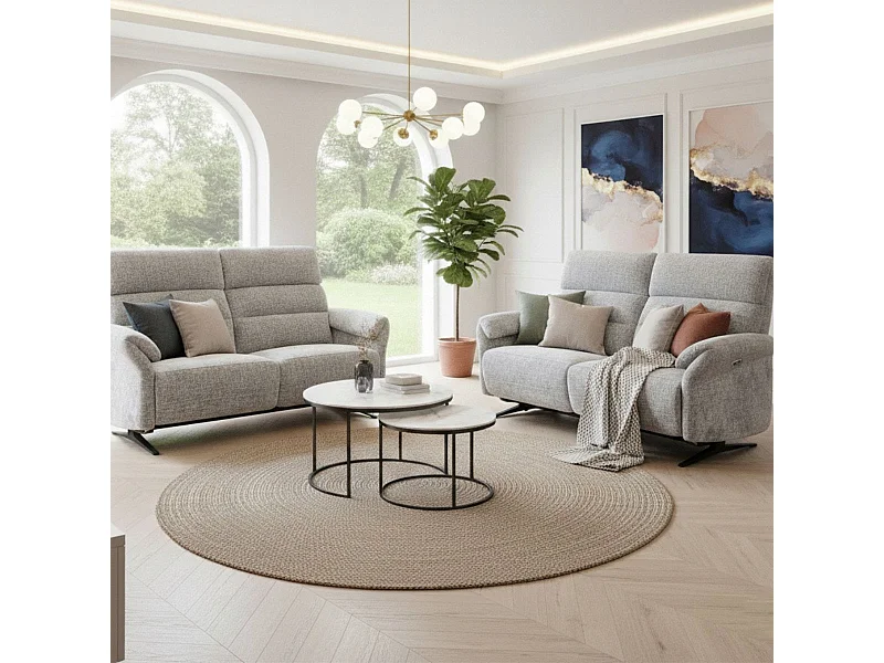 Ensemble canapé relax électrique 3 places + canapé fixe 2 places tissu maillé gris - LAMA