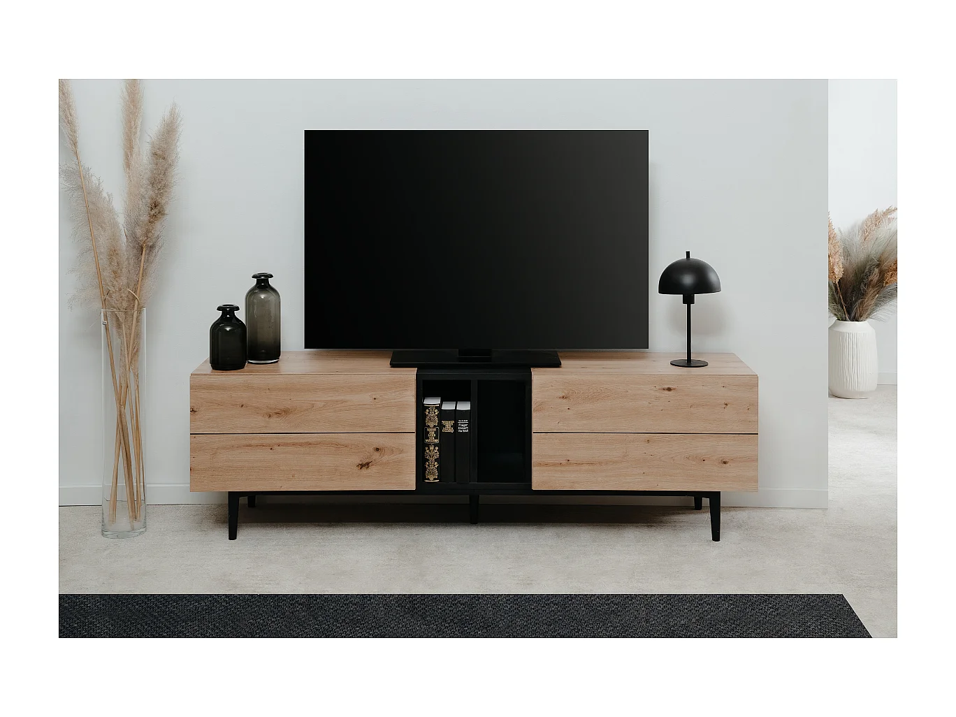 TV-Möbel mit 2 Klappen und 2 Nischen, Dekor Eiche handwerklich und schwarz, L160 cm - LYDEN
