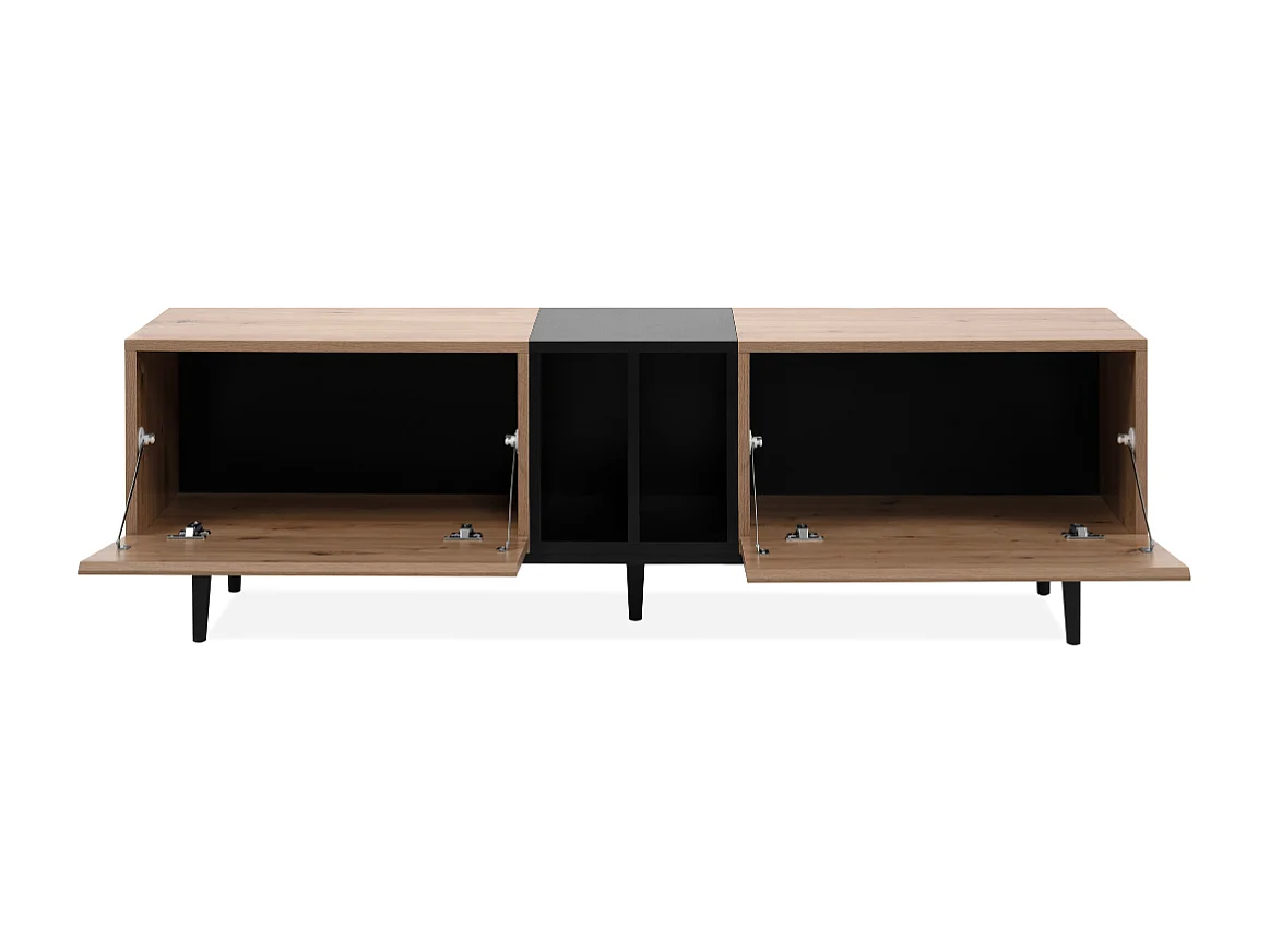 TV-Möbel mit 2 Klappen und 2 Nischen, Dekor Eiche handwerklich und schwarz, L160 cm - LYDEN
