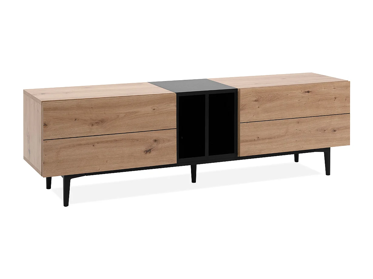 TV-Möbel mit 2 Klappen und 2 Nischen, Dekor Eiche handwerklich und schwarz, L160 cm - LYDEN