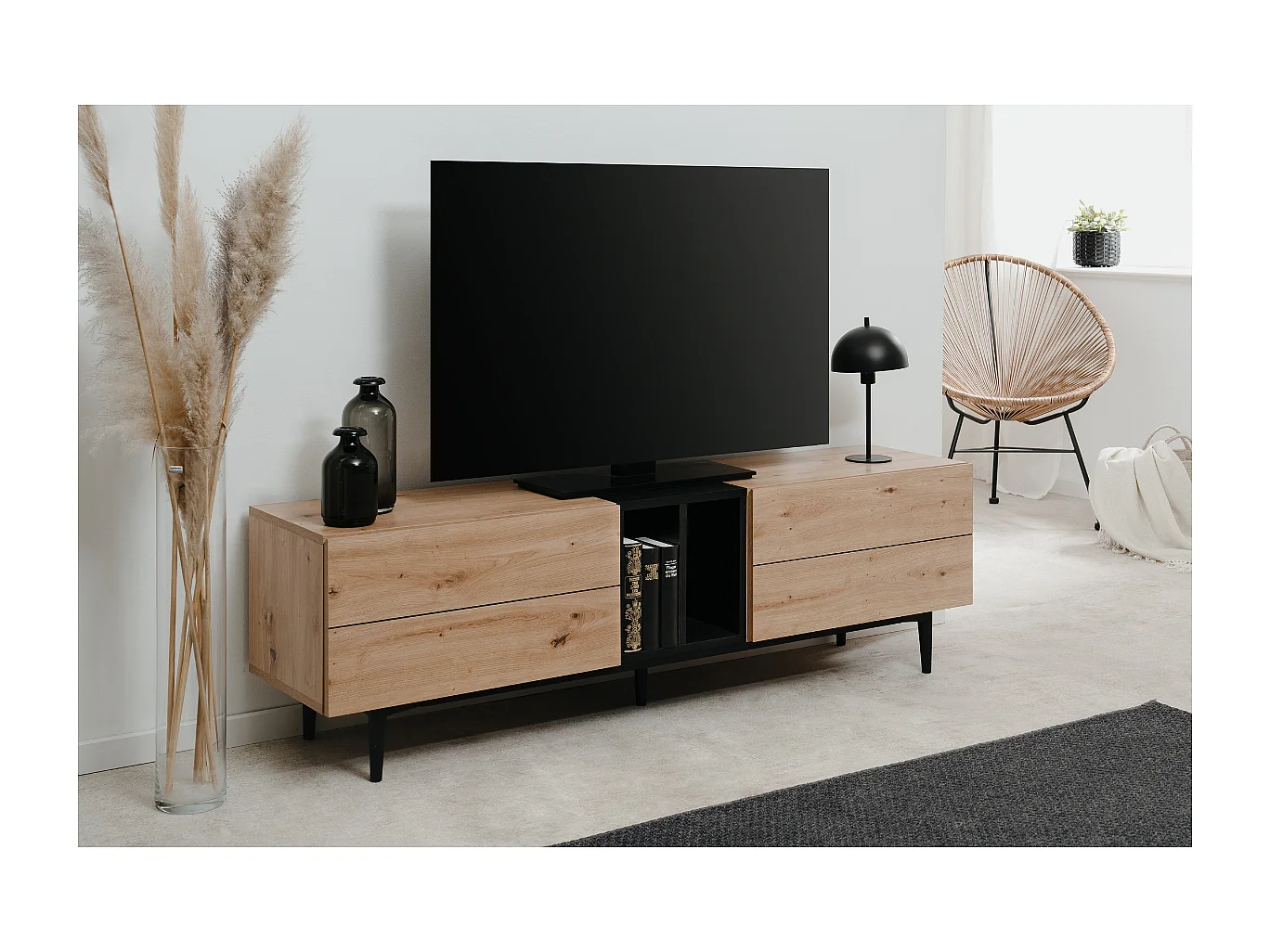 Meuble TV 2 abattants et 2 niches décor chêne artisan et noir L160 cm - NOLA