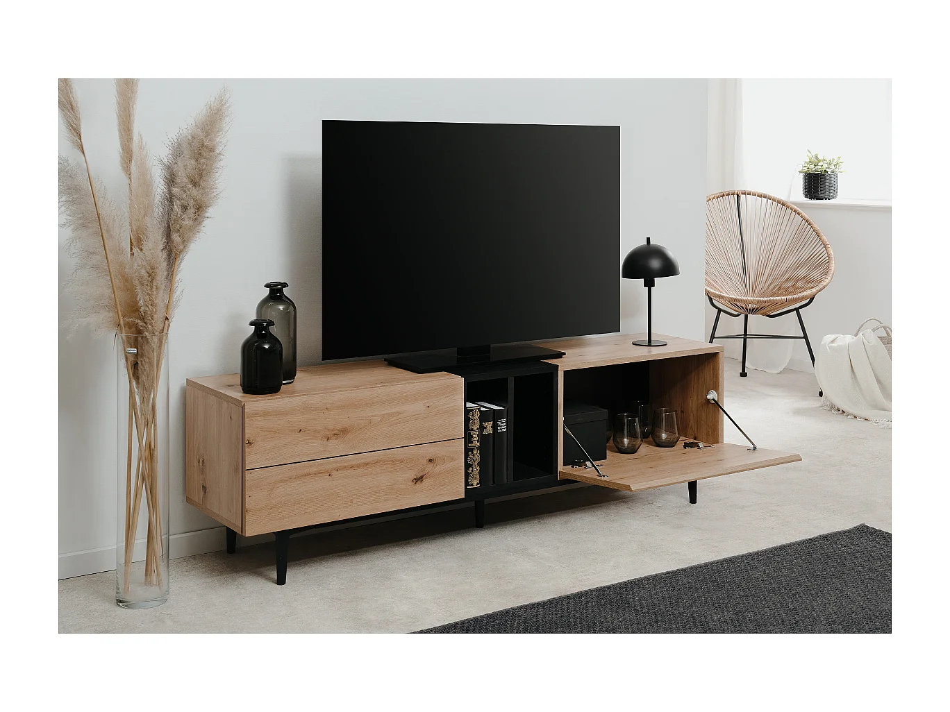 Meuble TV 2 abattants et 2 niches décor chêne artisan et noir L160 cm - NOLA