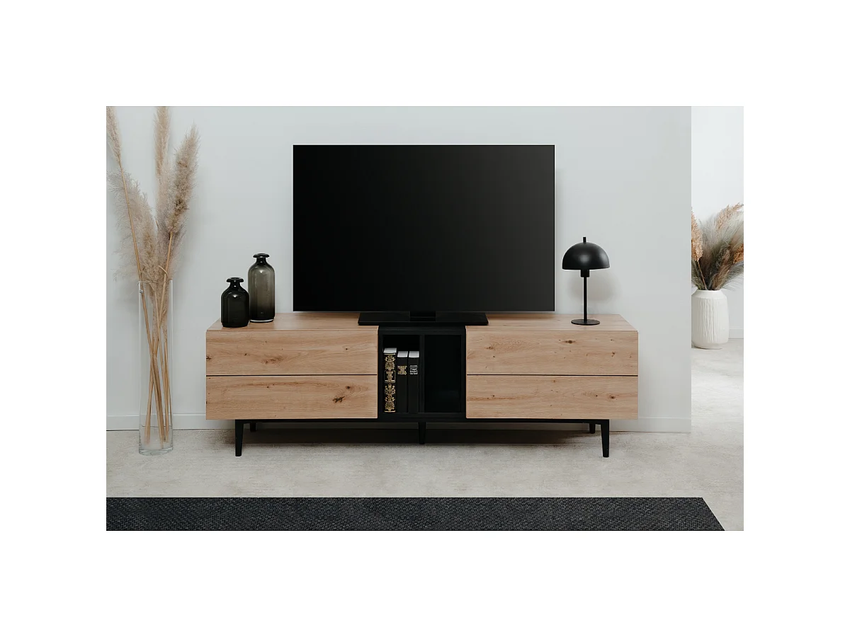 Meuble TV 2 abattants et 2 niches décor chêne artisan et noir L160 cm - NOLA