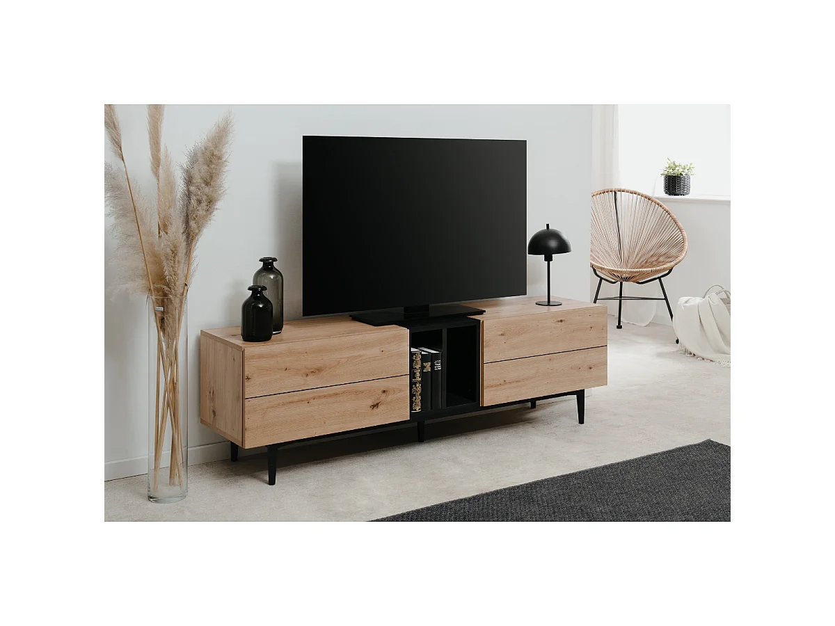 Meuble TV 2 abattants et 2 niches décor chêne artisan et noir L160 cm - NOLA
