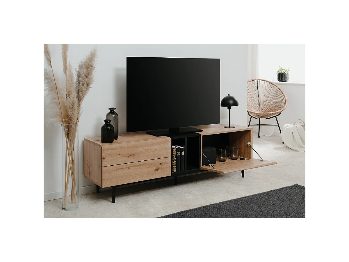 Meuble TV 2 abattants et 2 niches décor chêne artisan et noir L160 cm - NOLA