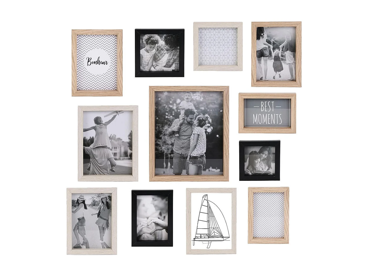 Set de 12 Cadres Photo Multi-tailles Effet Bois Naturel Blanc et Noir - HILONA