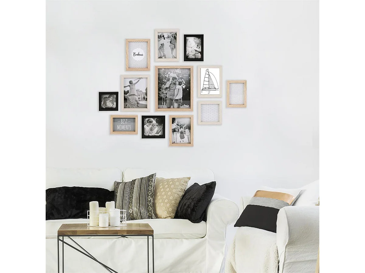 Set de 12 Cadres Photo Multi-tailles Effet Bois Naturel Blanc et Noir - HILONA