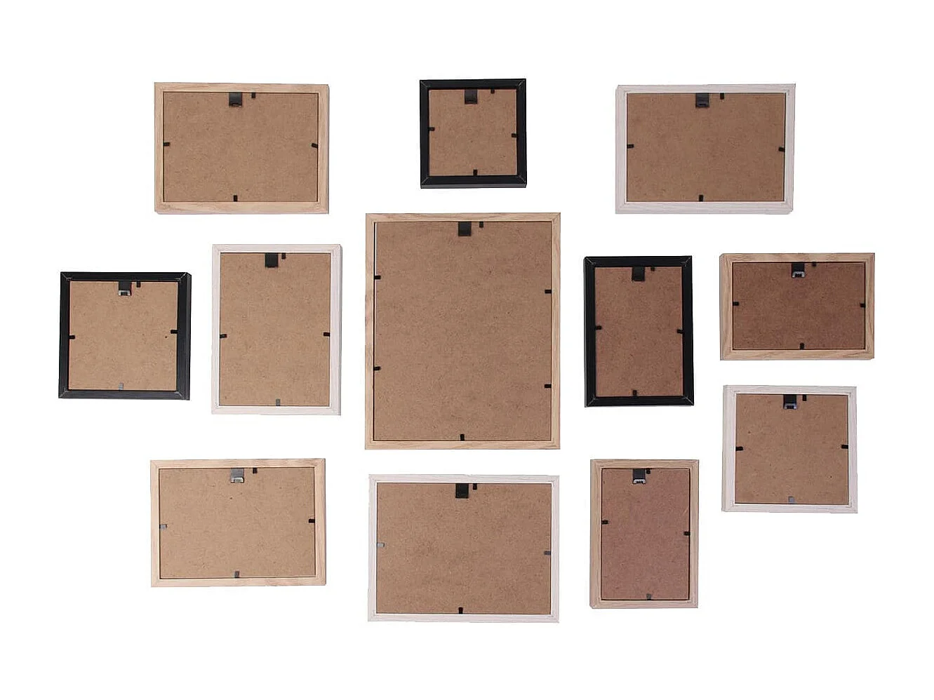 Set de 12 Cadres Photo Multi-tailles Effet Bois Naturel Blanc et Noir - HILONA