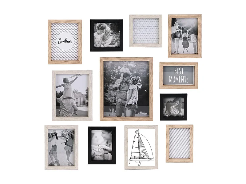Set de 12 Cadres Photo Multi-tailles Effet Bois Naturel Blanc et Noir - HILONA