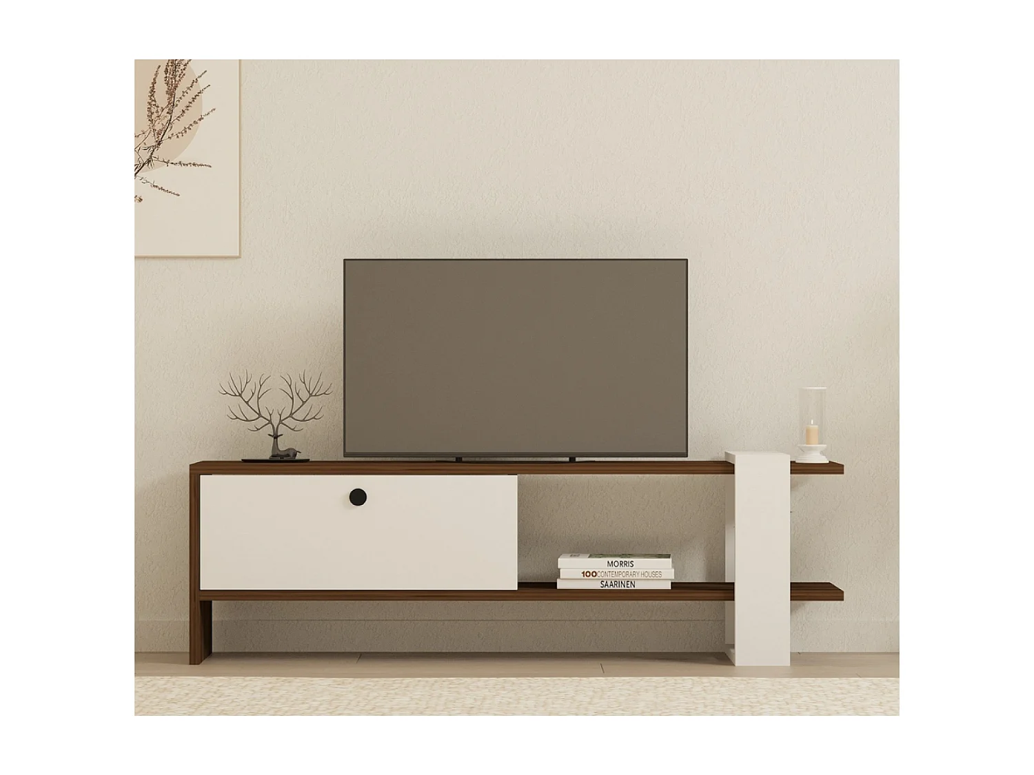Meuble TV bois et blanc avec rangement 120 cm LOOM