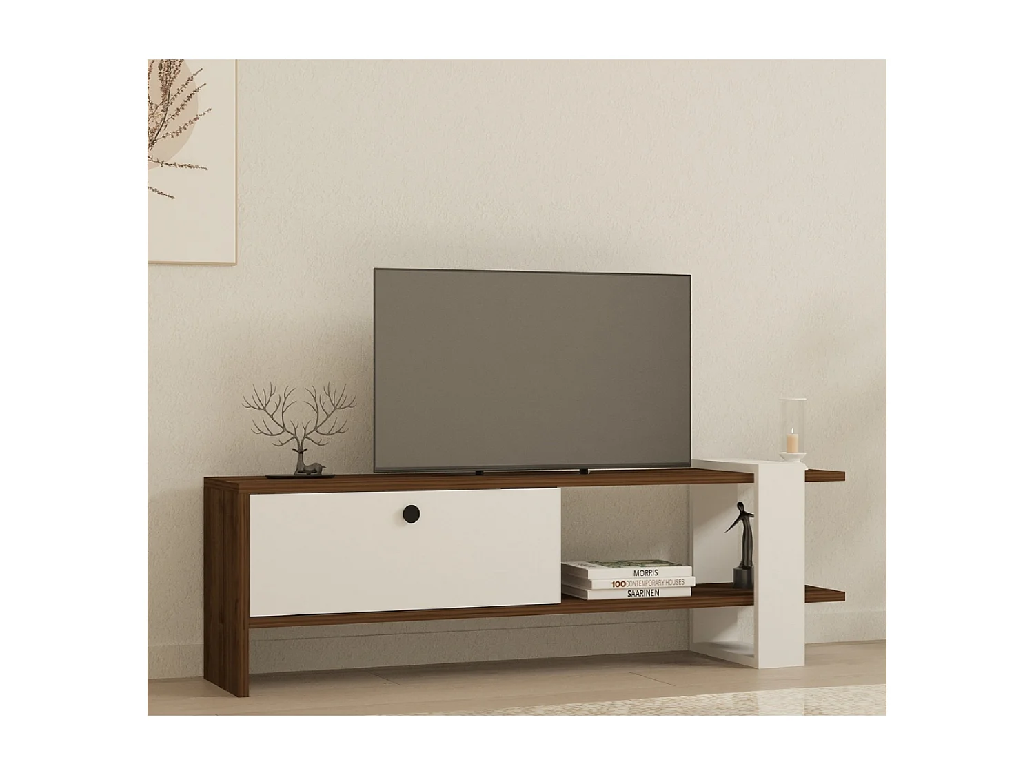 Meuble TV bois et blanc avec rangement 120 cm LOOM