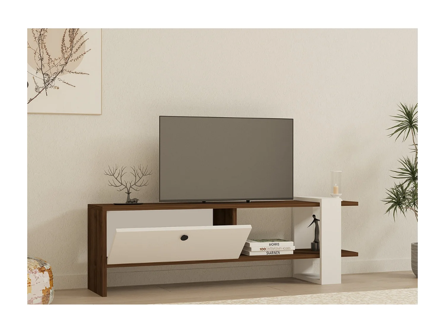 Meuble TV bois et blanc avec rangement 120 cm LOOM