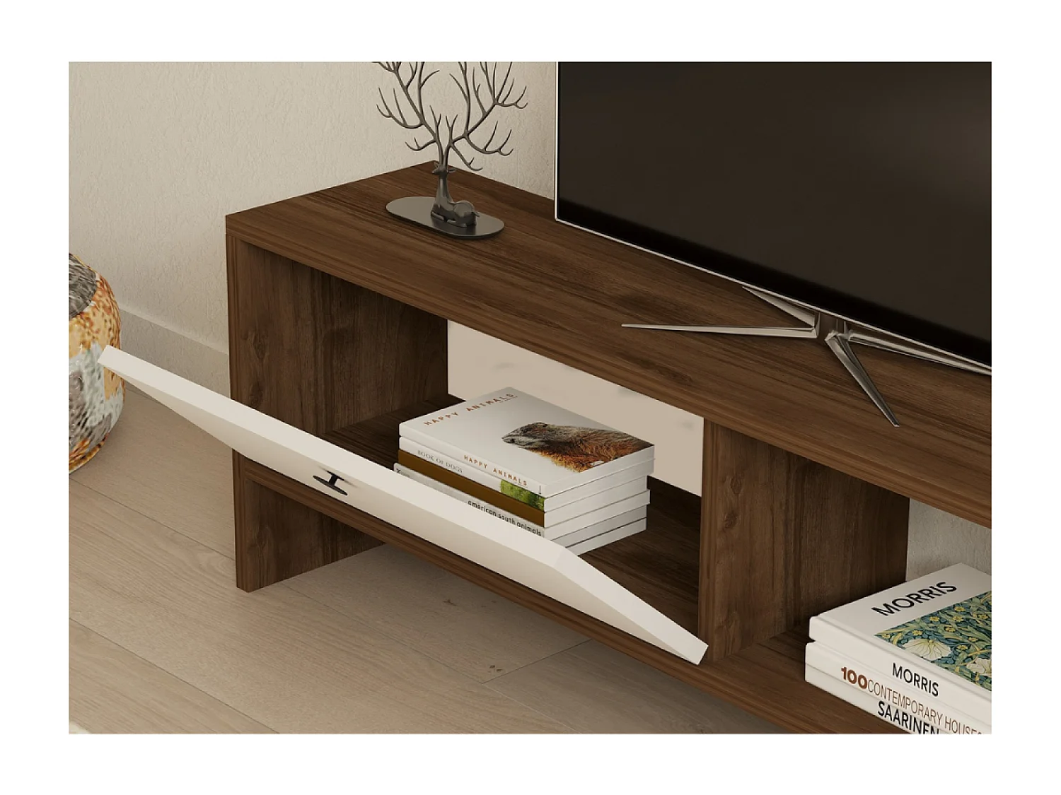 Meuble TV bois et blanc avec rangement 120 cm LOOM