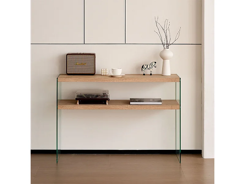 Console L. 110 cm en verre trempé et étagères effet chêne clair - ICE