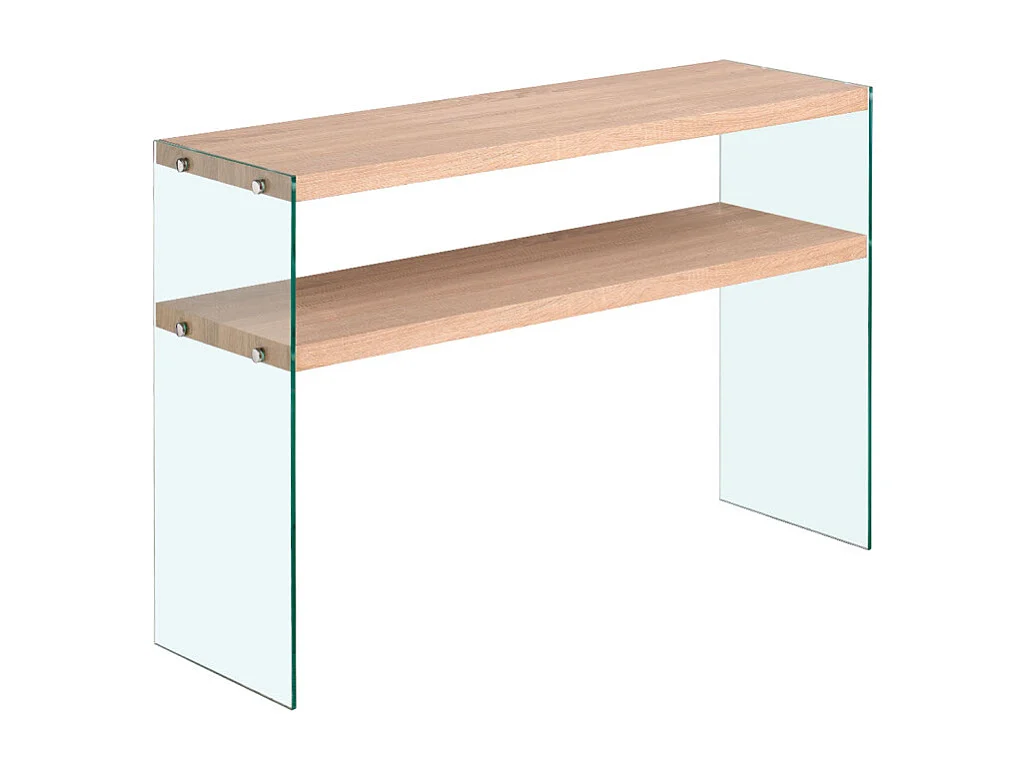 Console L. 110 cm en verre trempé et étagères effet chêne clair - ICE