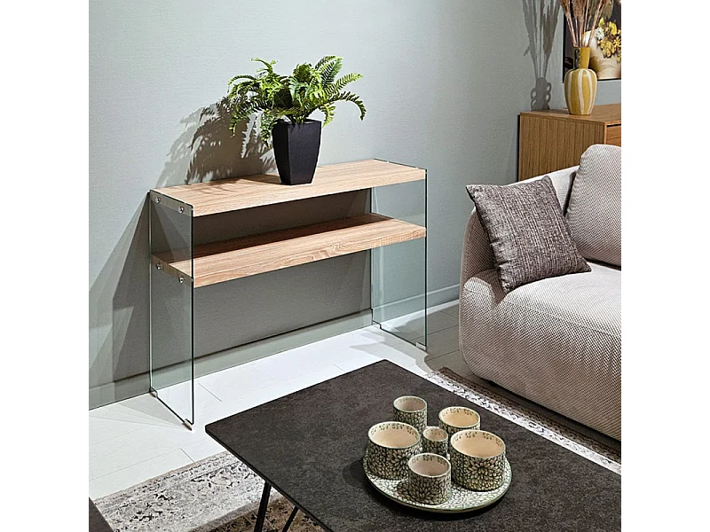 Console L. 110 cm en verre trempé et étagères effet chêne clair - ICE