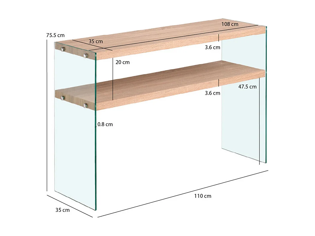 Console L. 110 cm en verre trempé et étagères effet chêne clair - ICE