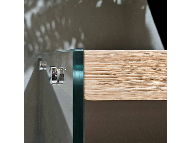 Console L. 110 cm en verre trempé et étagères effet chêne clair - ICE