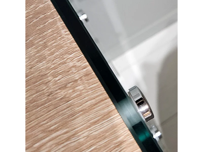 Console L. 110 cm en verre trempé et étagères effet chêne clair - ICE