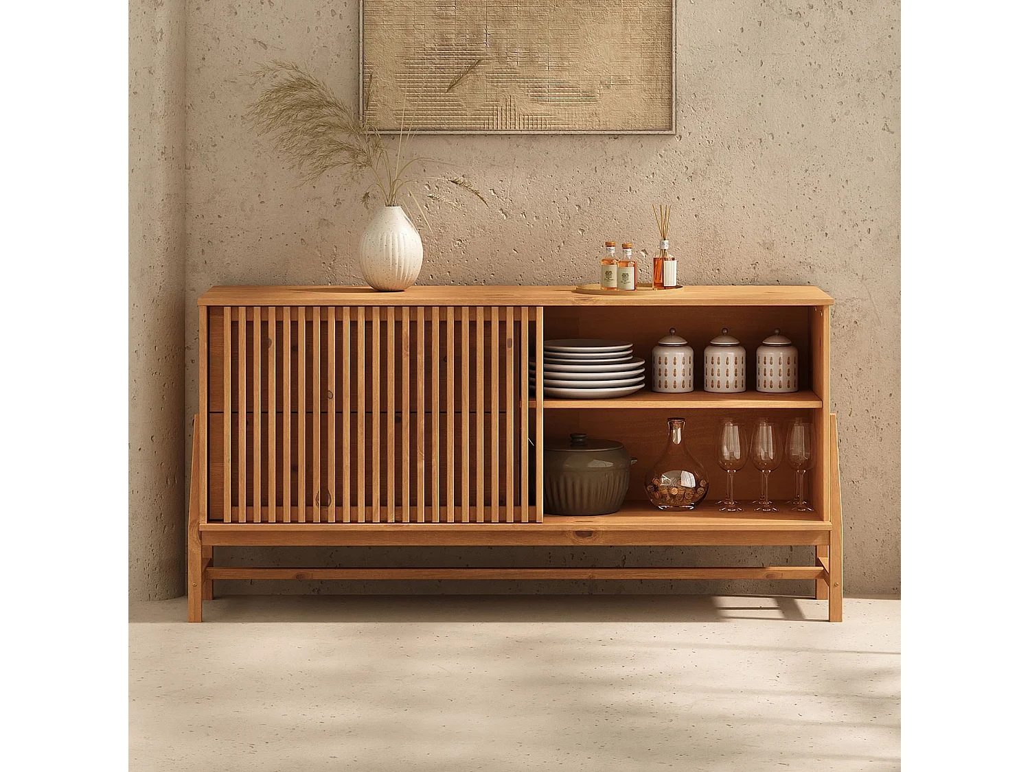 Buffet ADAMO L 145 cm en Bois Massif Couleur Chêne avec 1 Porte Coulissante, 2 Tiroirs, Design Chaleureux à Lamelles