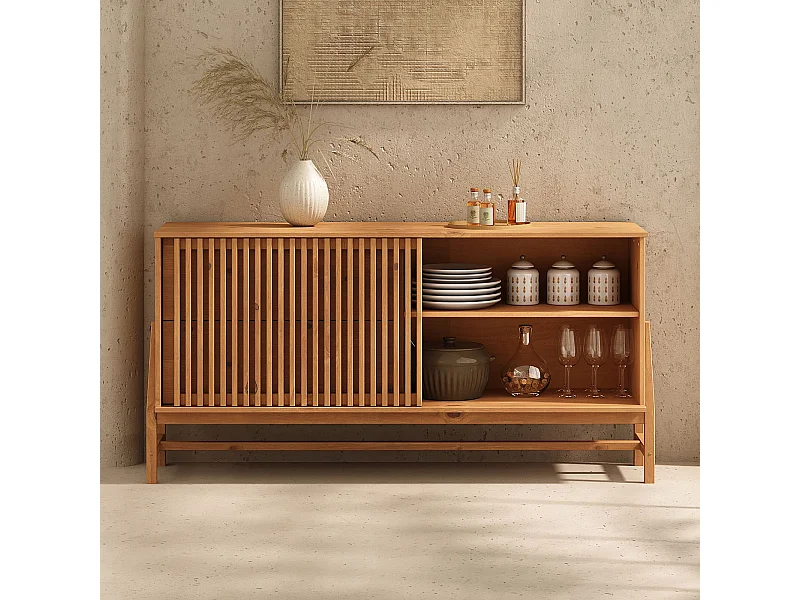 Buffet ADAMO L 145 cm en Bois Massif Couleur Chêne avec 1 Porte Coulissante, 2 Tiroirs, Design Chaleureux à Lamelles