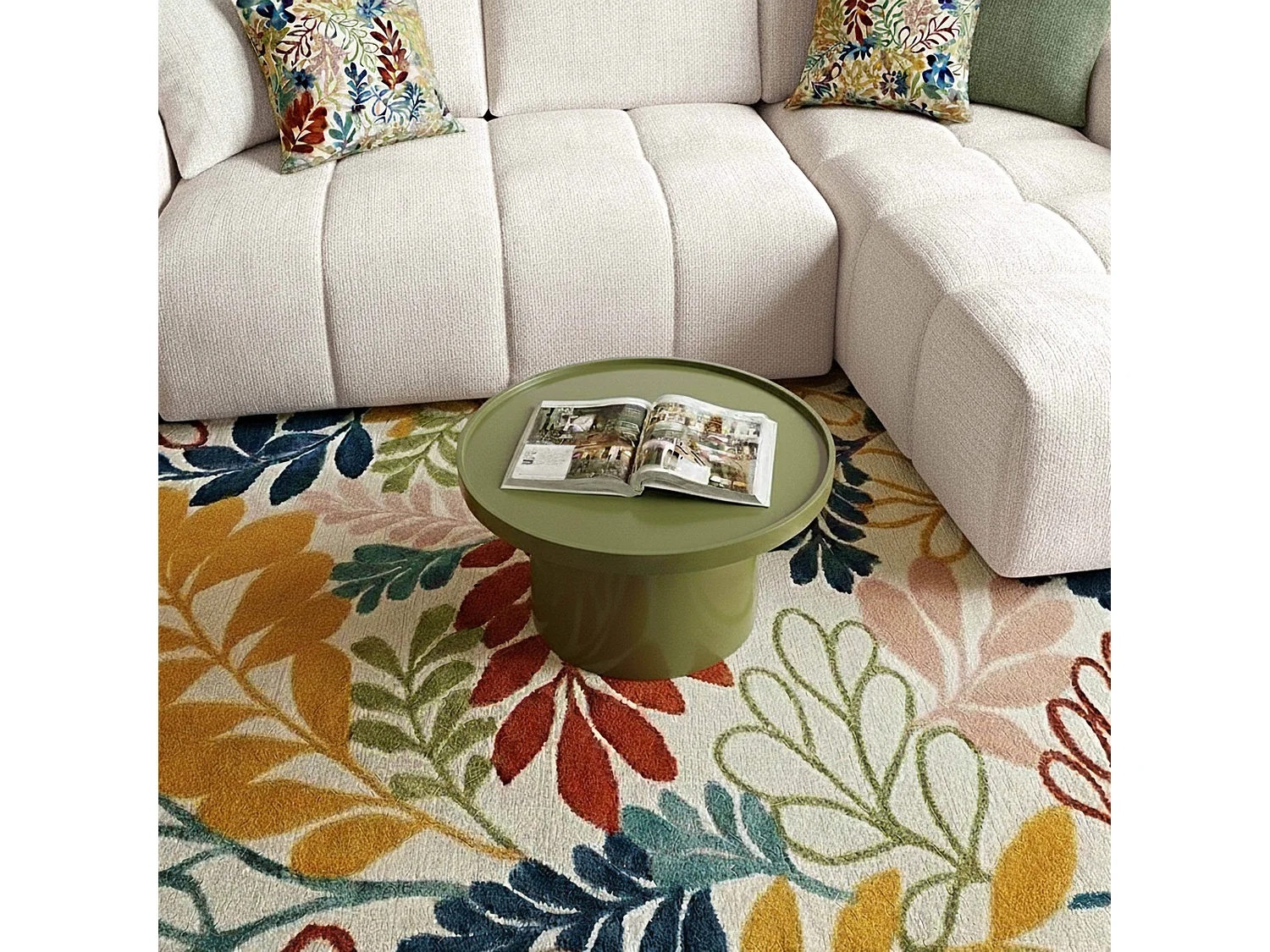 Table basse ronde 50 cm en MDF effet laqué vert olive