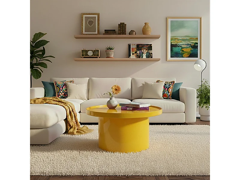 Table basse ronde 70 cm en MDF effet laqué jaune