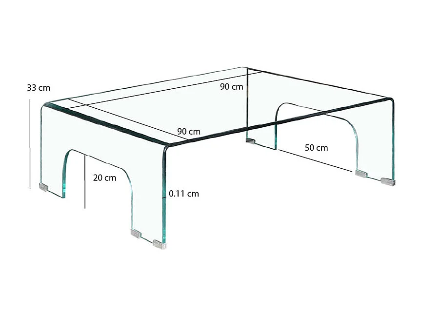 Table basse carrée 90 x 90 cm avec pieds arqués en verre trempé - ICE