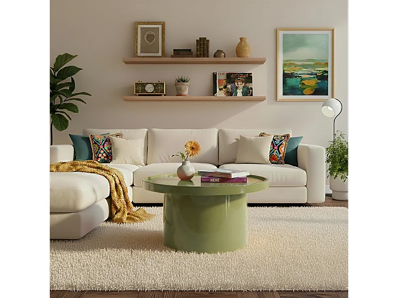Table basse ronde 70 cm en MDF effet laqué vert olive