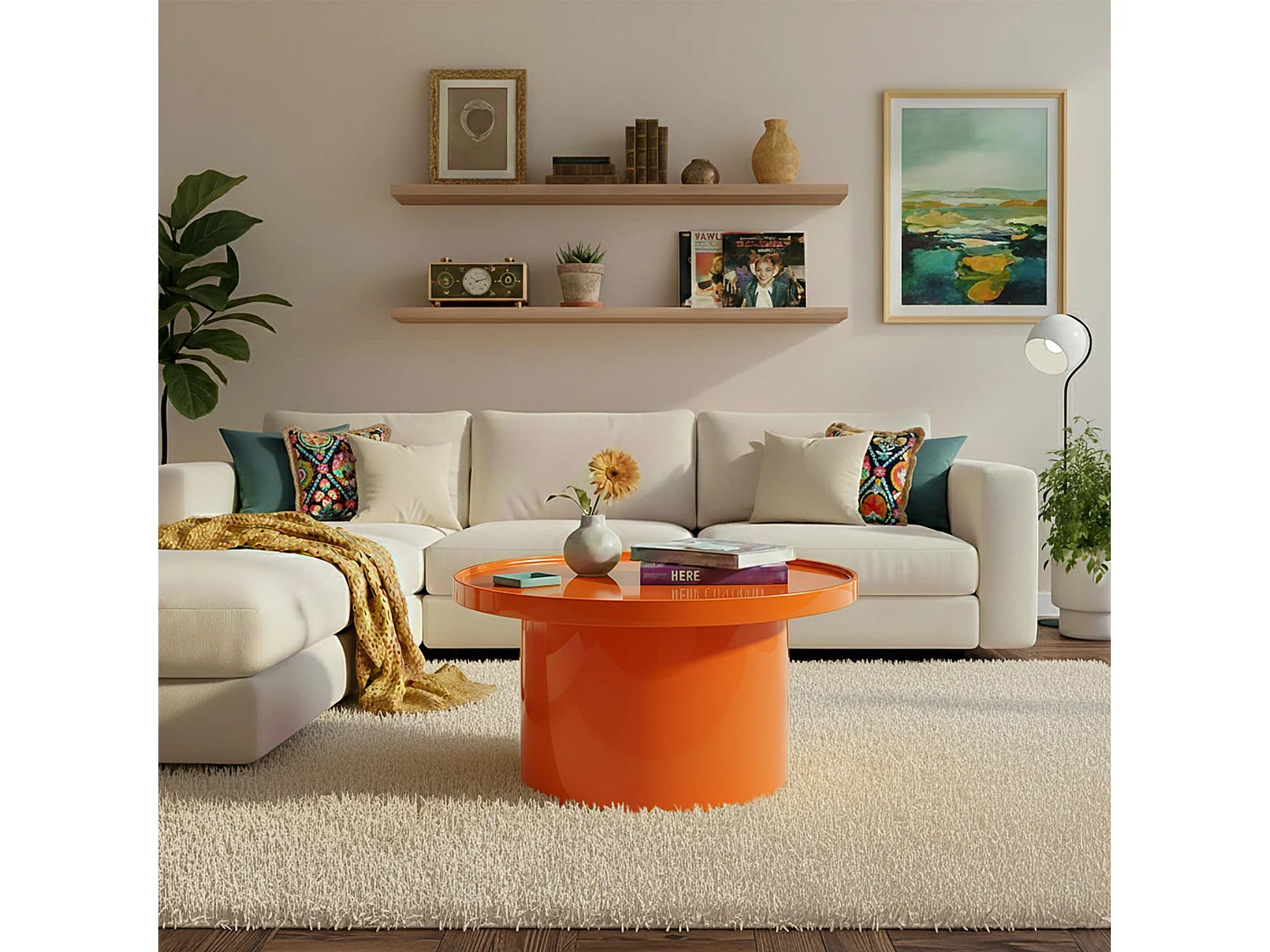 Table basse ronde 70 cm en MDF effet laqué orange