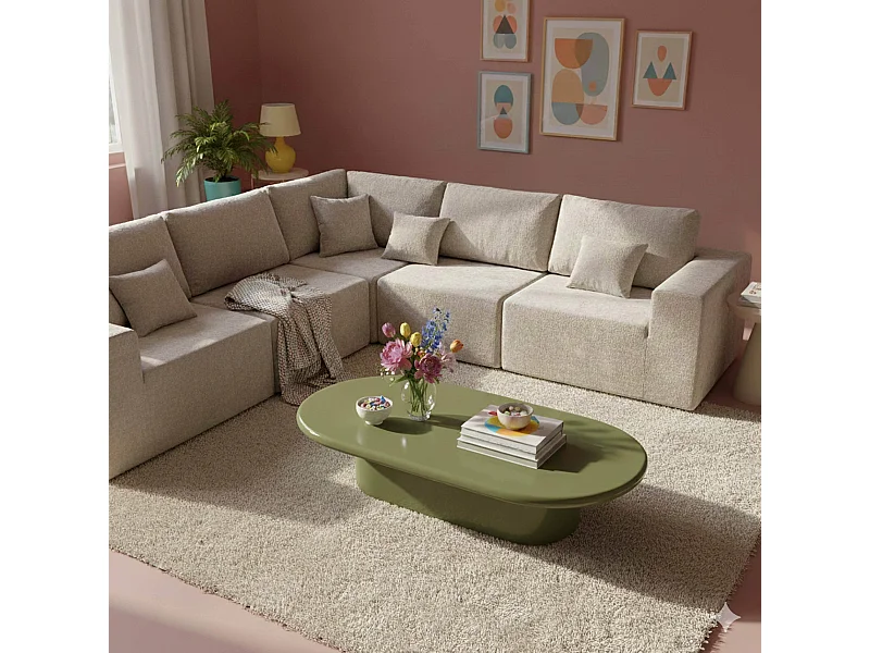 Table basse ovale 100 x 70 cm en MDF effet laqué vert olive