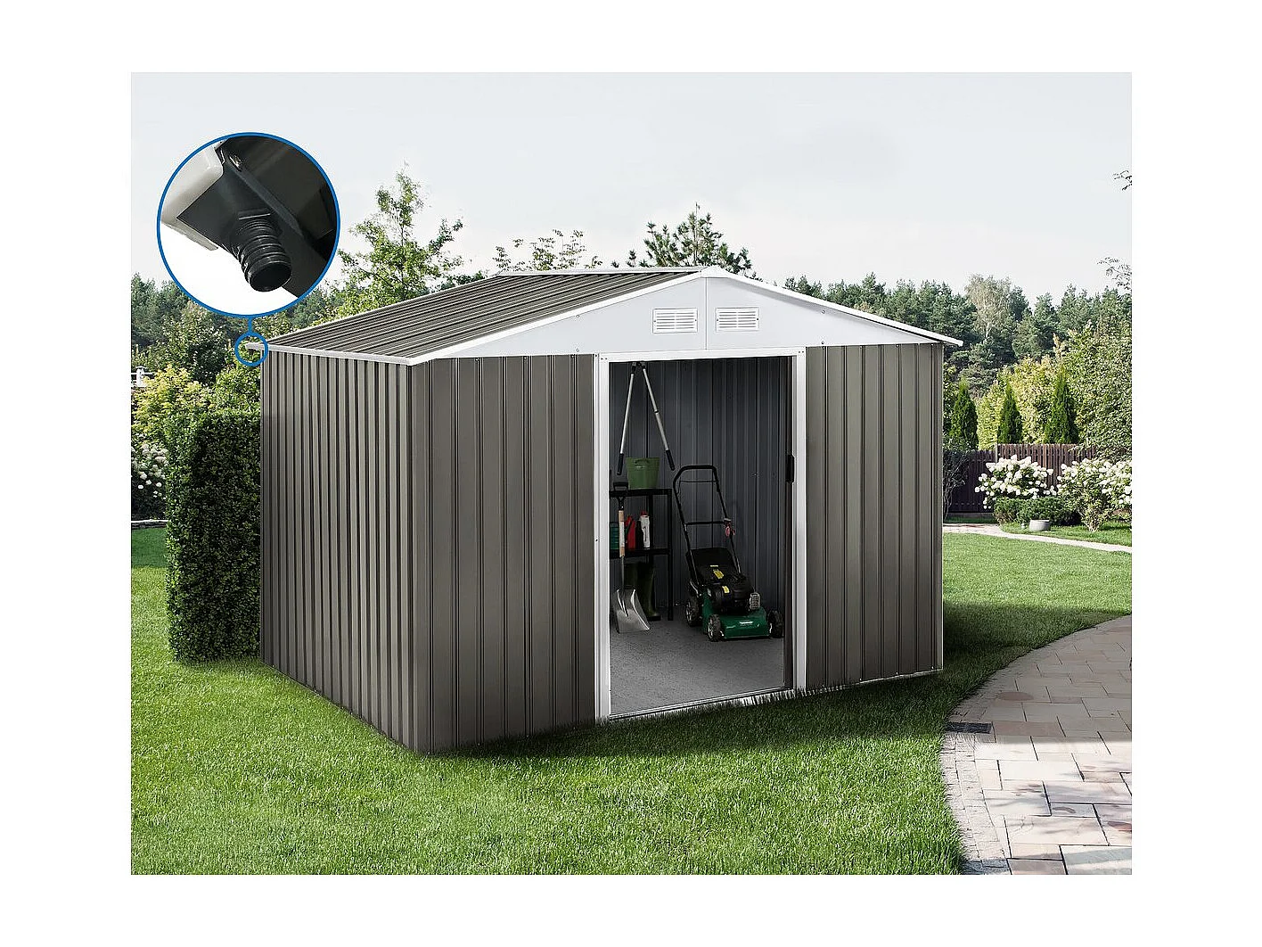 Abri jardin métal "Dallas" - 8.84m² avec gouttière - Taupe