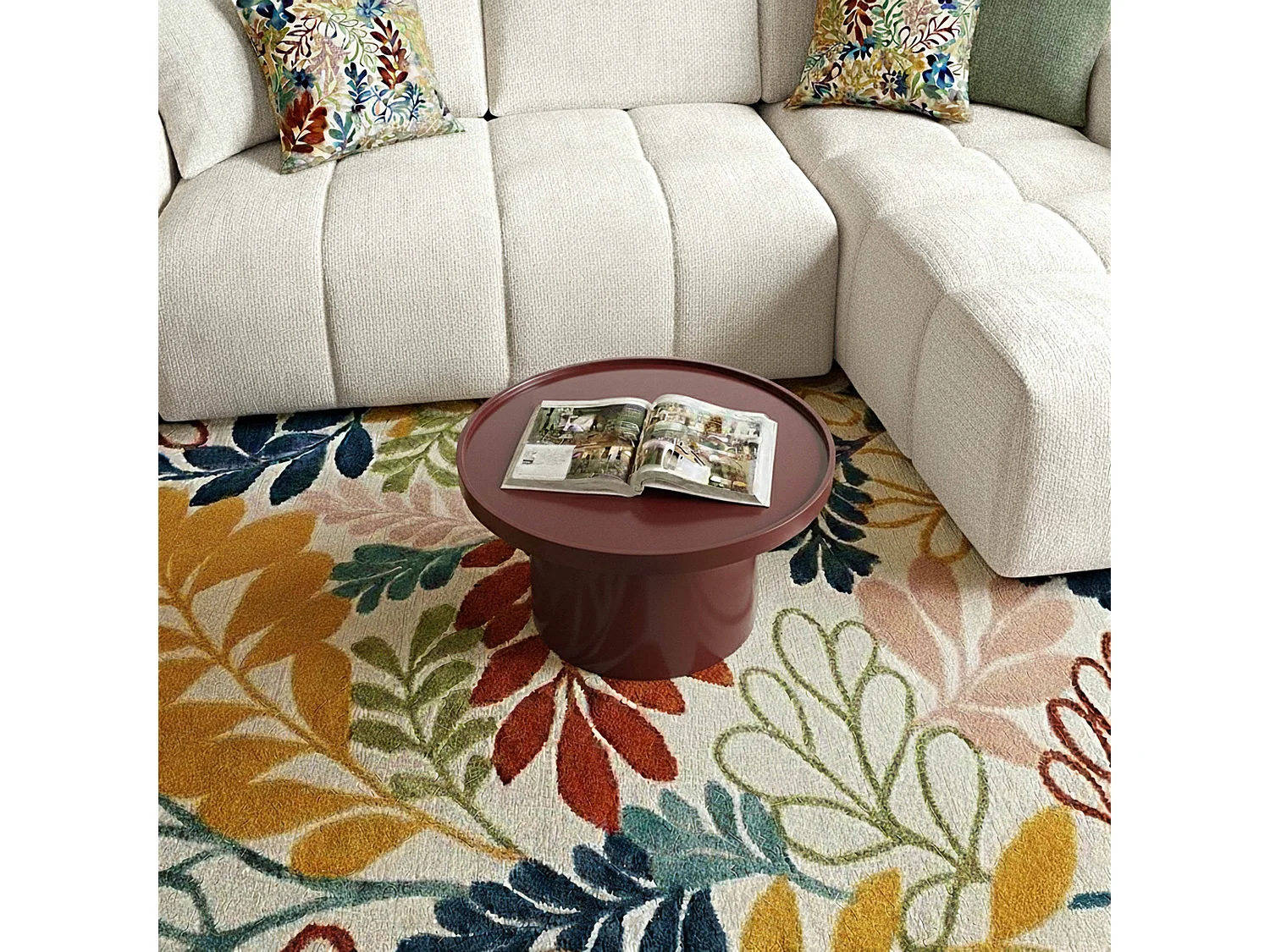 Table basse ronde 50 cm en MDF effet laqué bordeaux