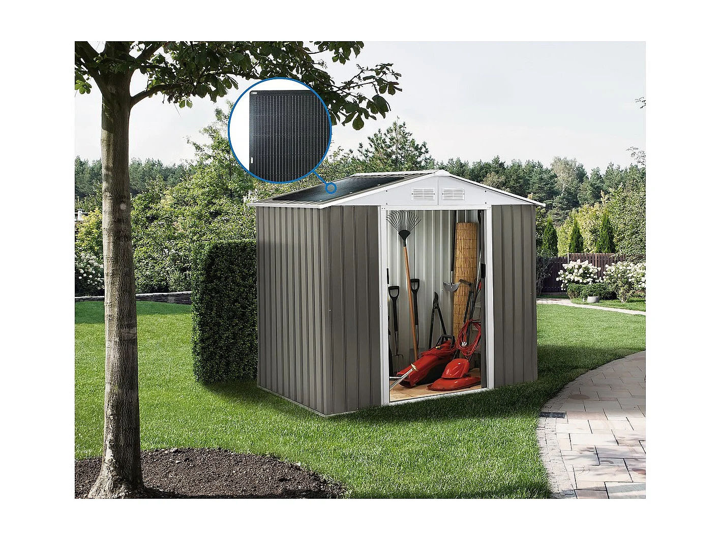 Abri jardin métal "Dallas" - 5,29 m² avec panneaux solaires - Taupe