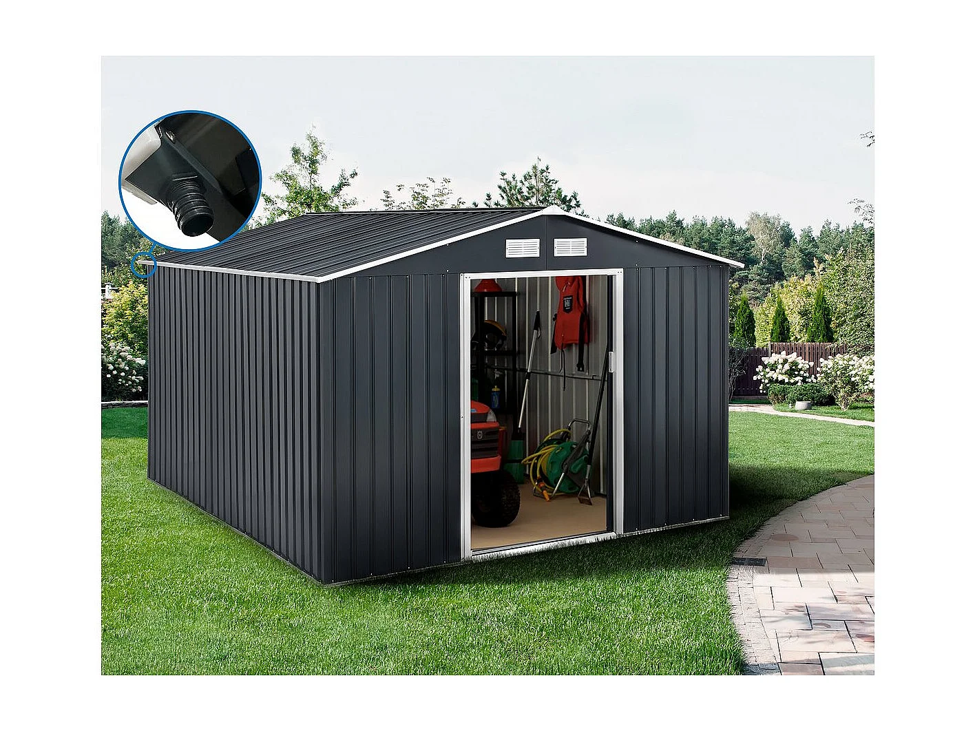 Abri de jardin métal - "Vegas" 12.98 m² avec gouttière - Gris