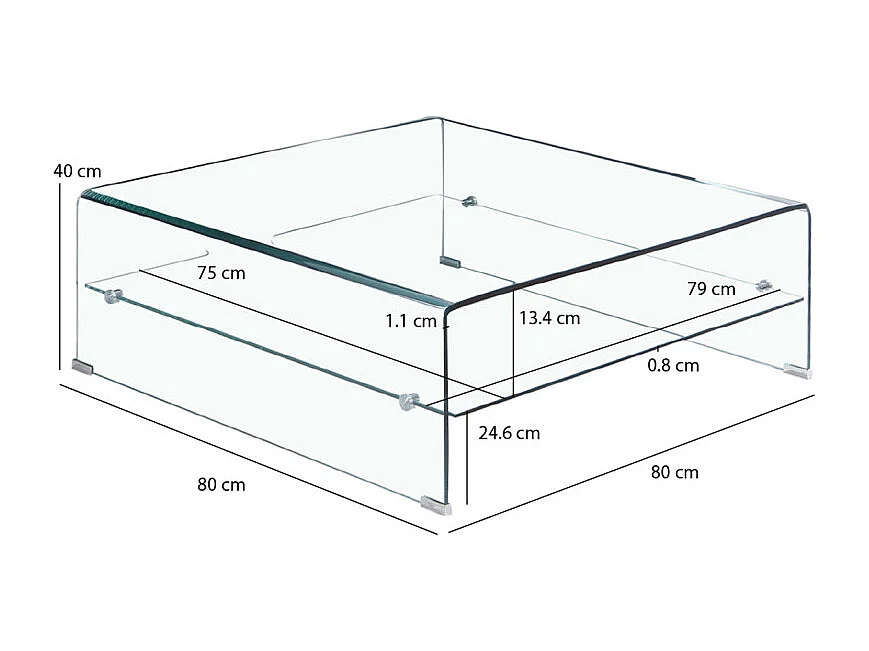 Table basse carrée 80 x 80 cm avec étagère en verre trempé - ICE