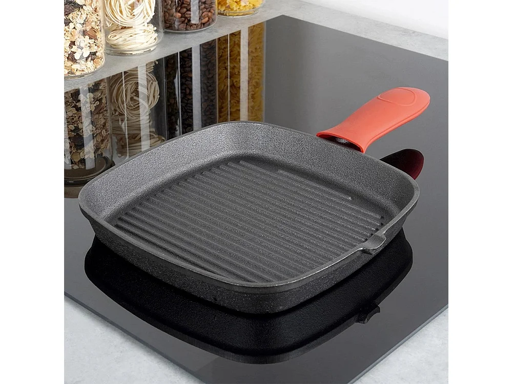 Poêle  a  grill carrée en fonte avec poignée silicone 24,5 x 24 cm