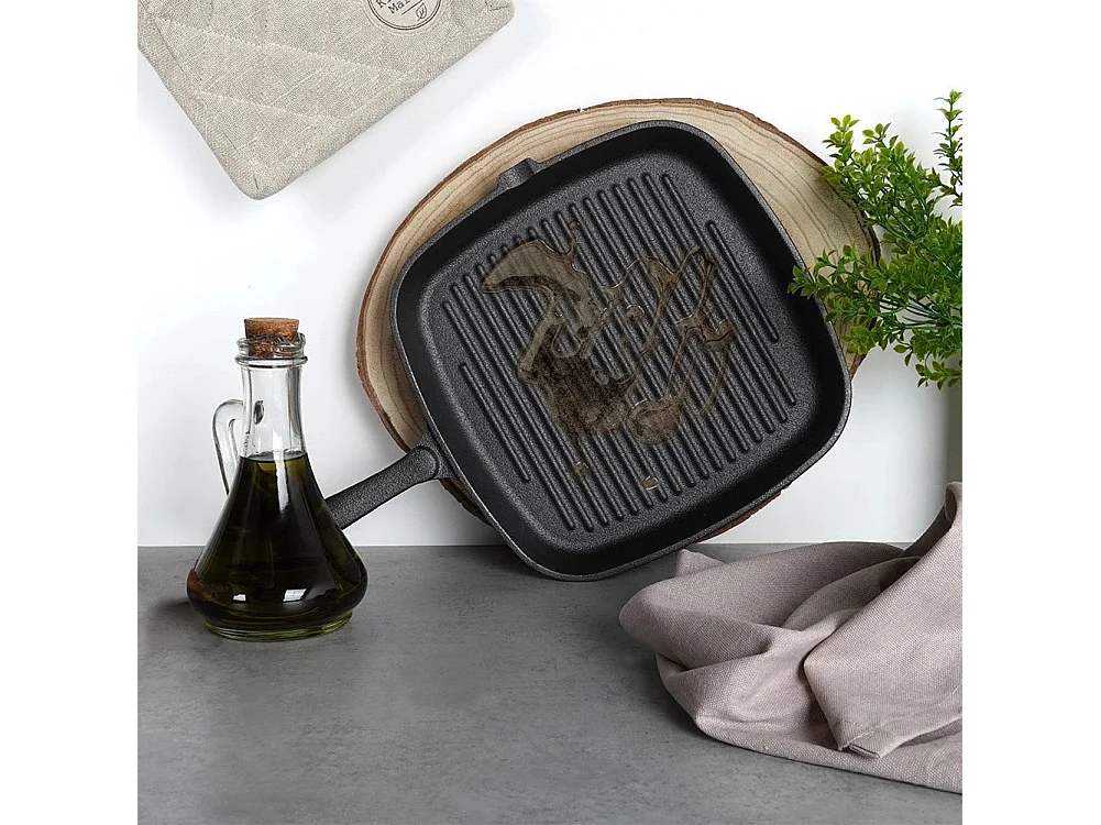 Poêle  a  grill carrée en fonte avec poignée silicone 24,5 x 24 cm