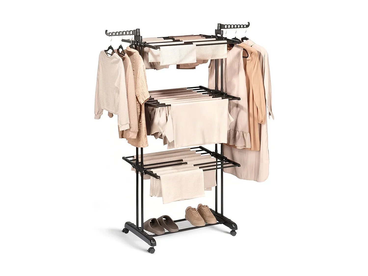 Etendoir a linge vertical en métal noir sur roulettes 125 x 170 cm