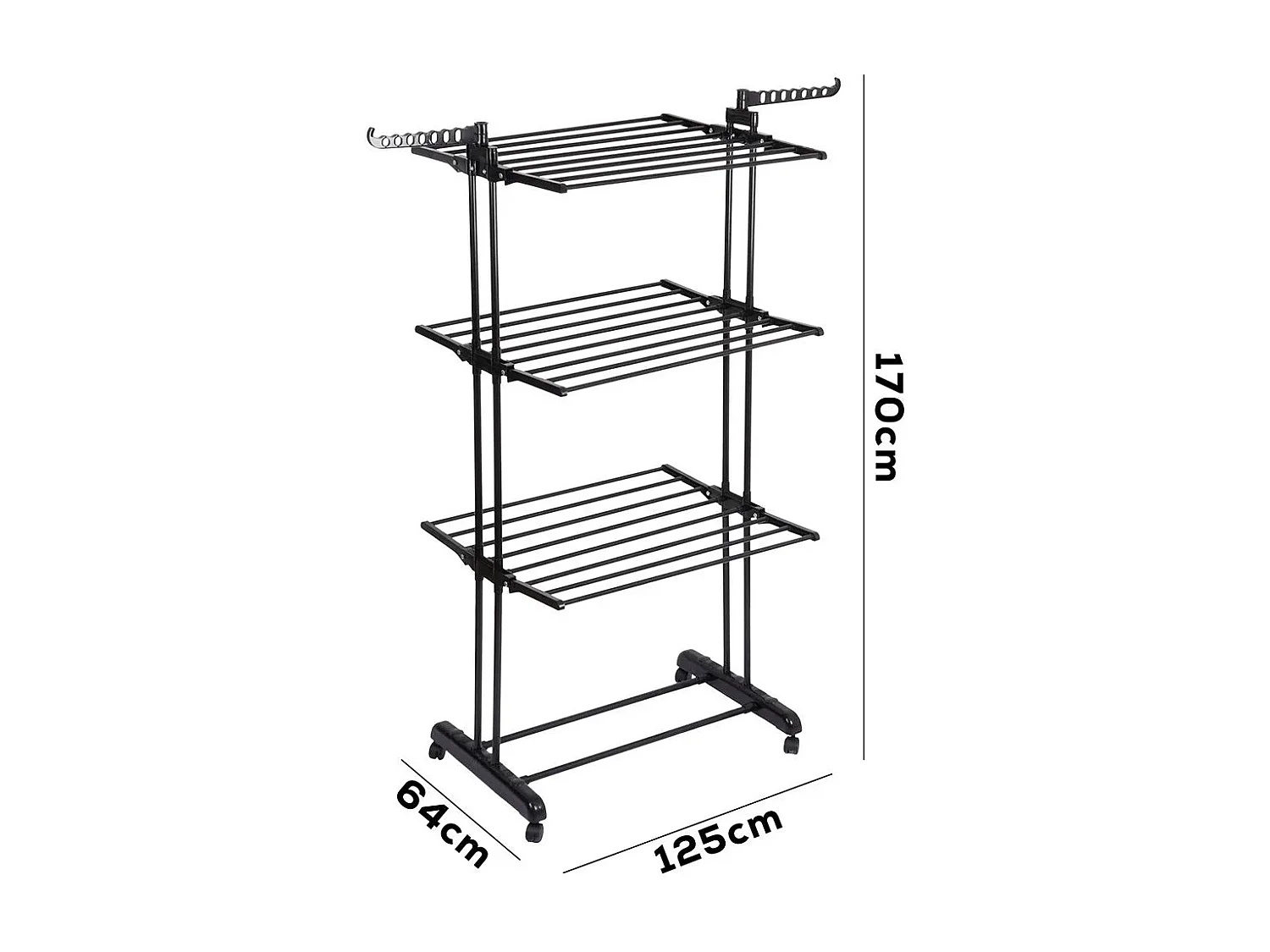 Etendoir a linge vertical en métal noir sur roulettes 125 x 170 cm
