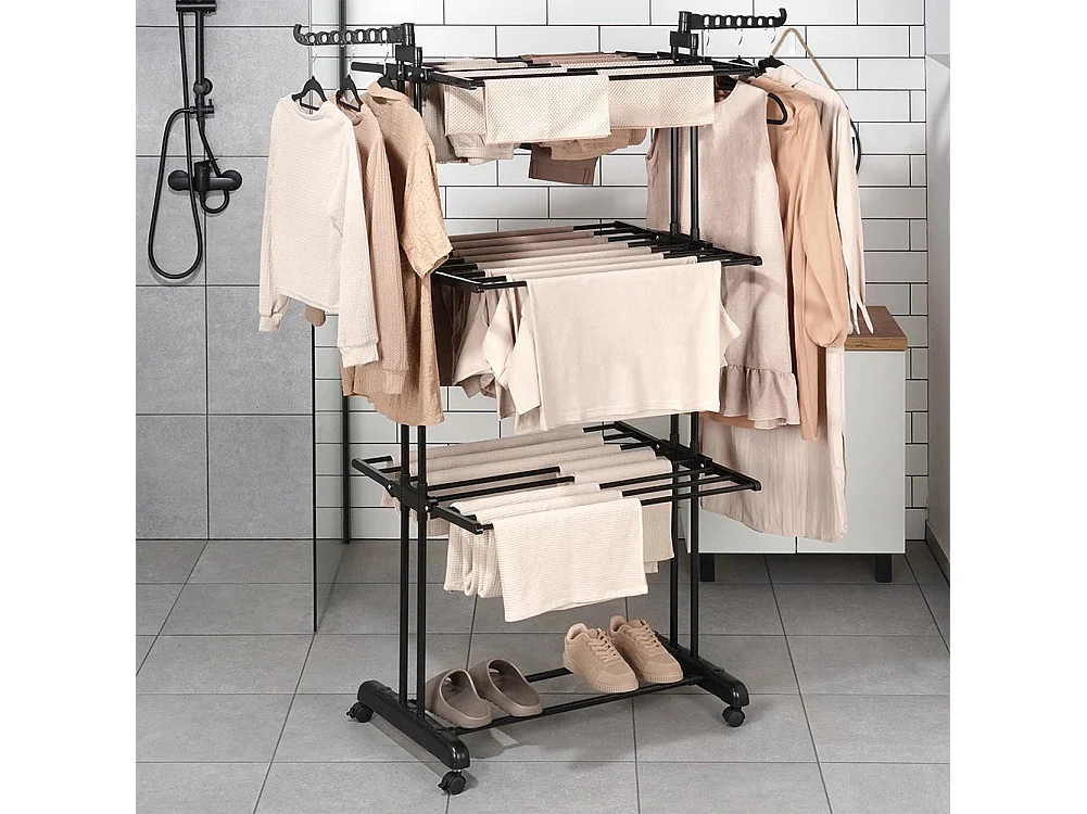 Verticaal zwart metalen wasdroogrek op wielen, 125 x 170 cm
